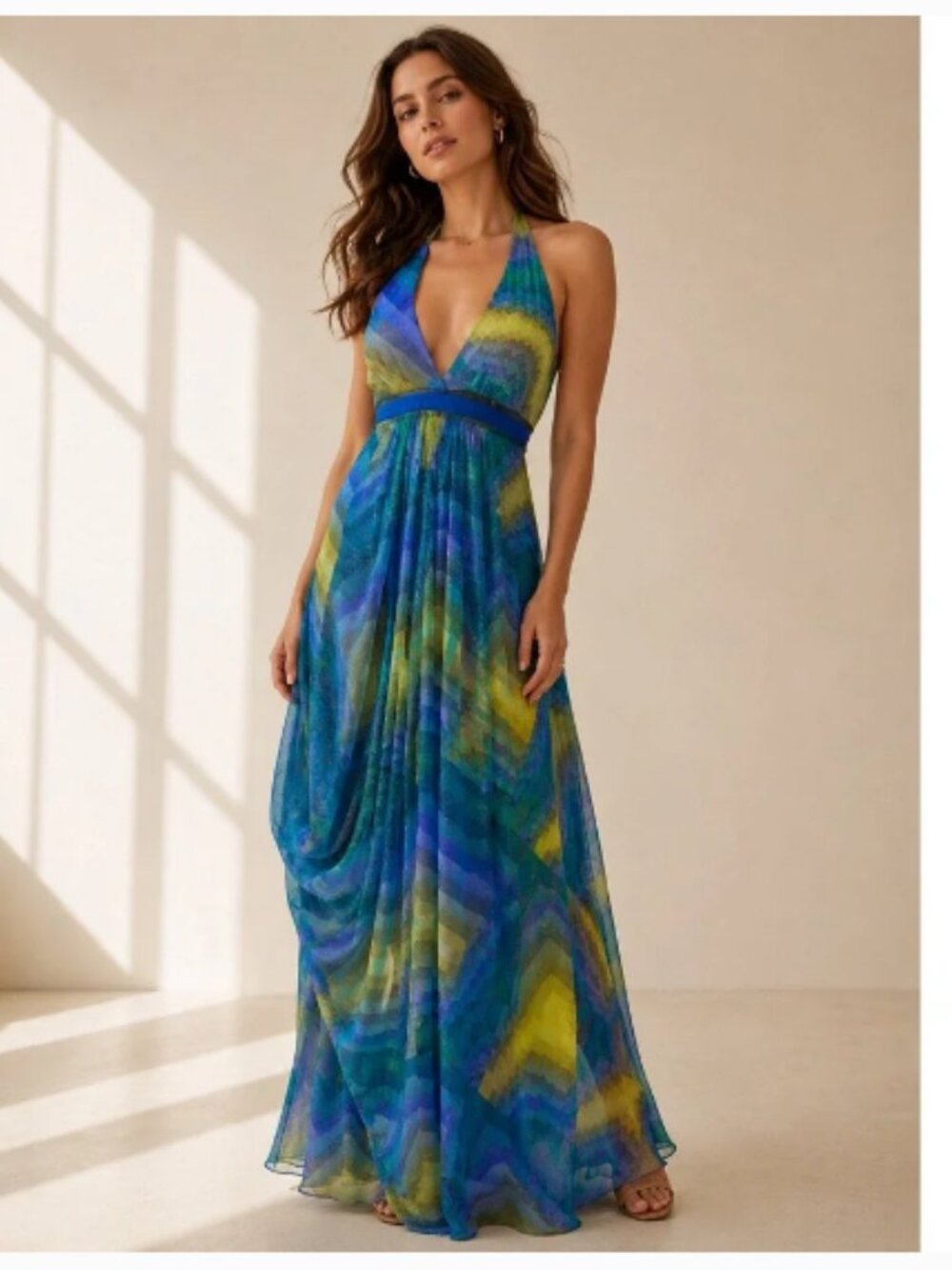 BCBG MaxAzria Bright Chambray Print Halter Maxi Dress